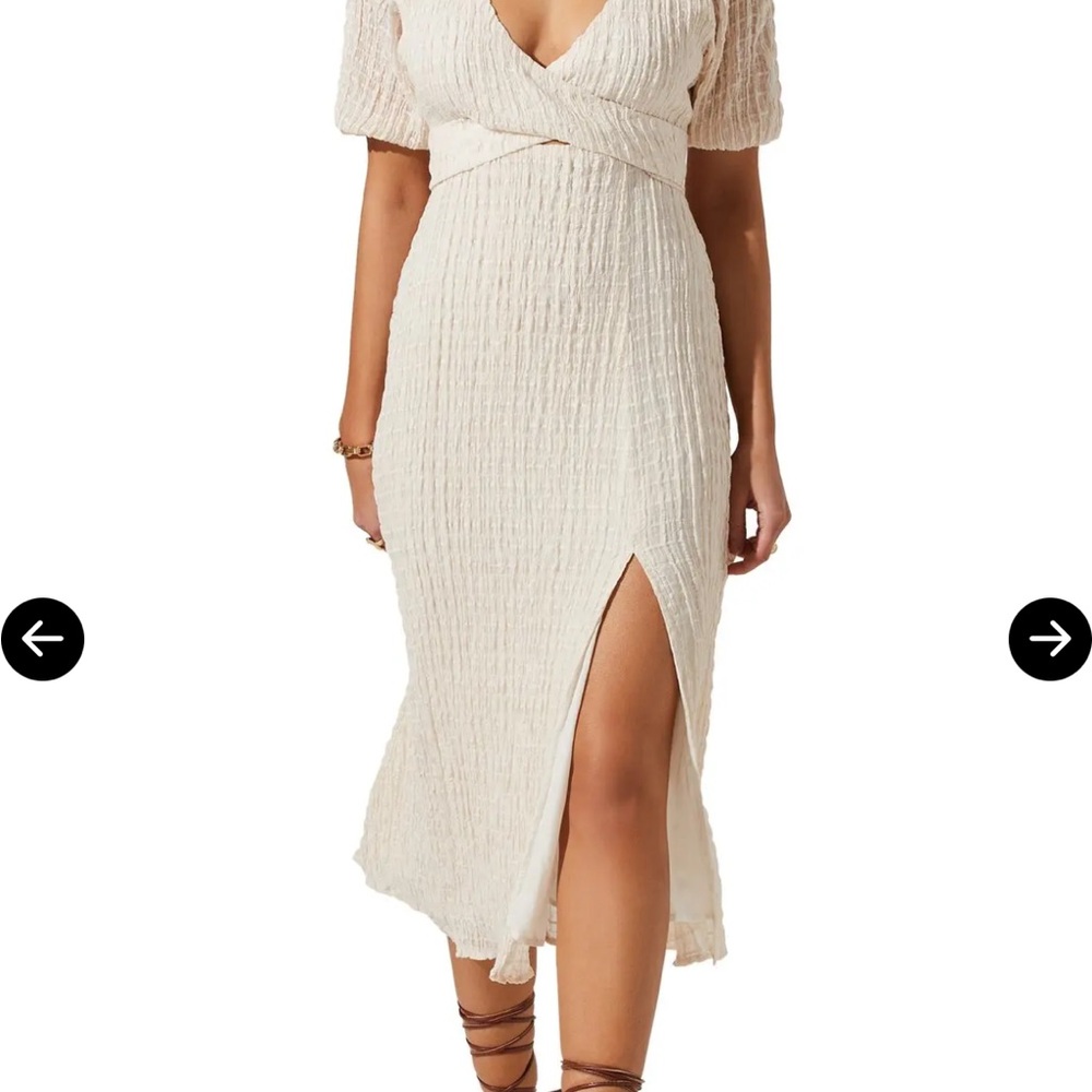 Astr Cream Textured V-Neck Midi Dress with Side Slit